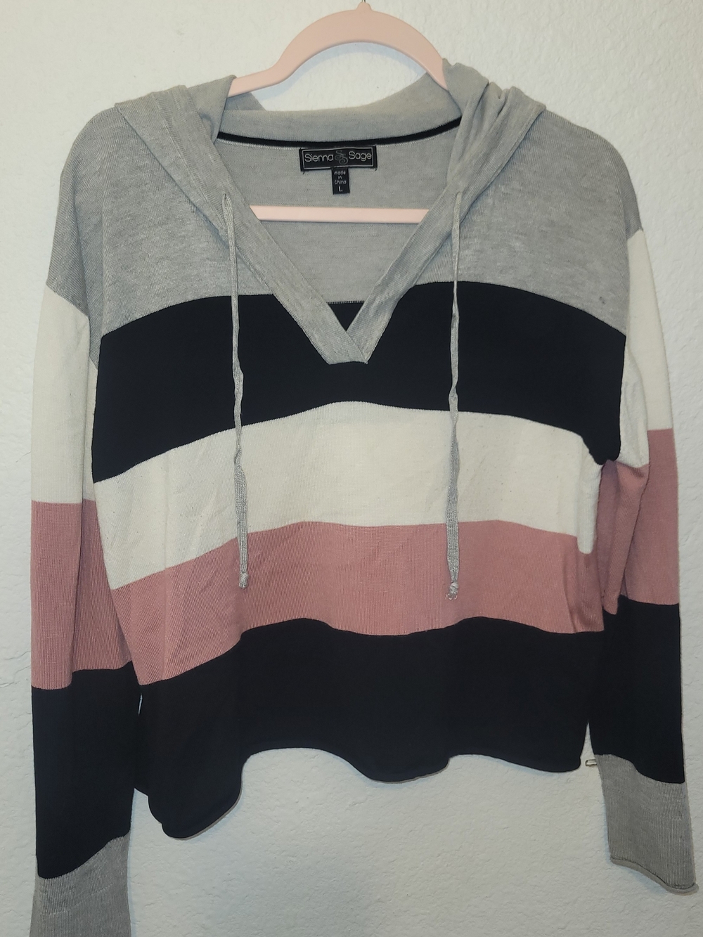 Women's Striped Hoodie Sweatshirt - Gray, Black & Dusty Rose